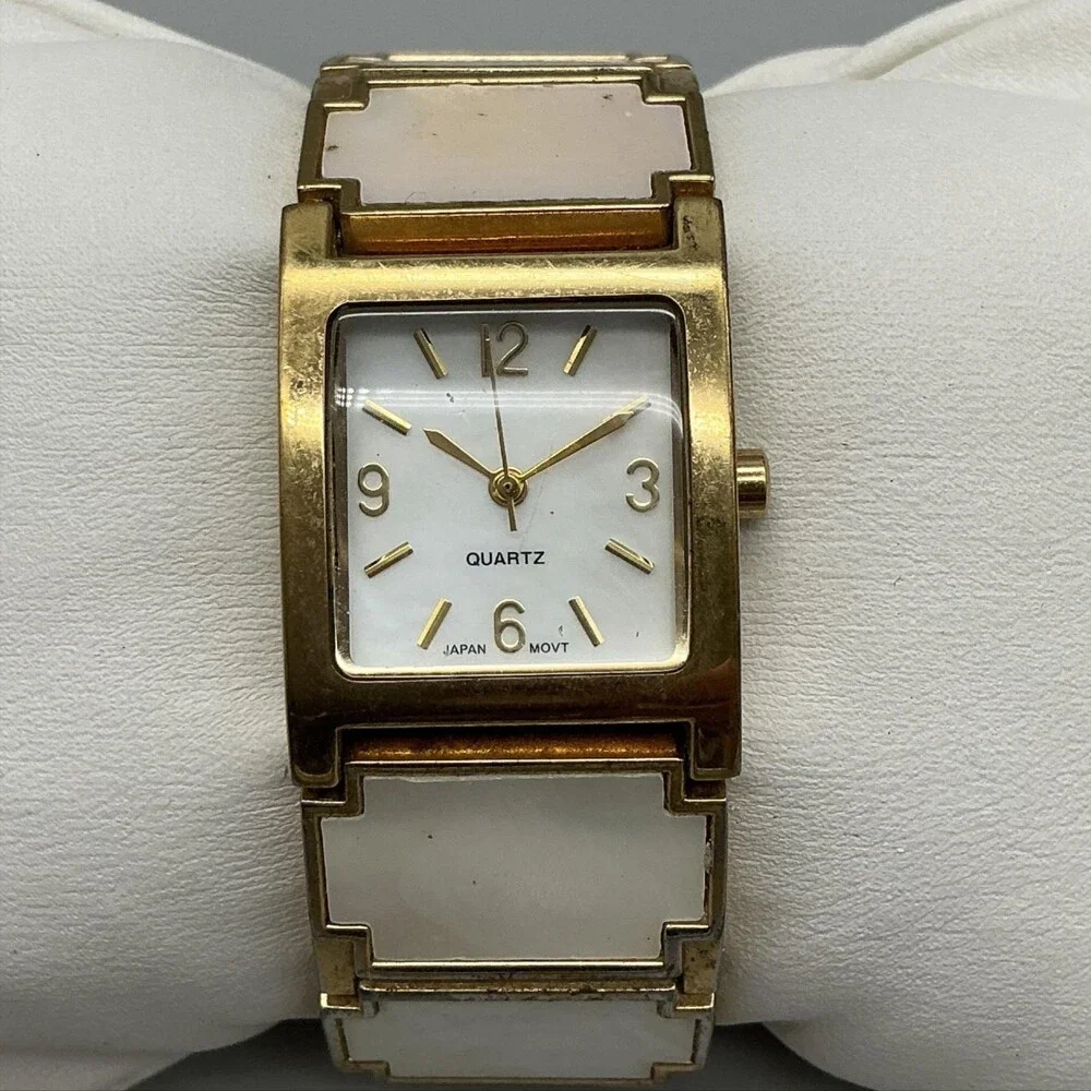 Mother of Pearl Inlay Band Womens Watch 22mm Gold Tone Square New Battery 6.5